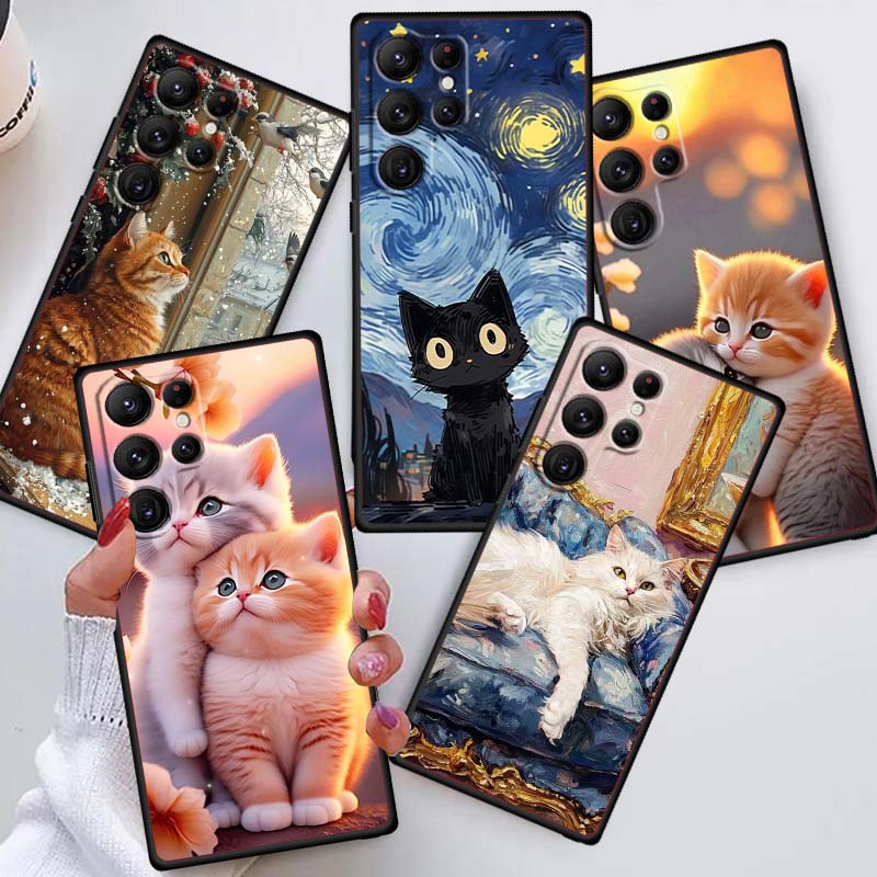 Милая мультяшная кошка Иллюстрация Чехол для телефона Для Samsung Galaxy S26 S25 S24 S23 S22 S21 S20 Ultra Plus FE 5G Черный Мягкий ТПУ