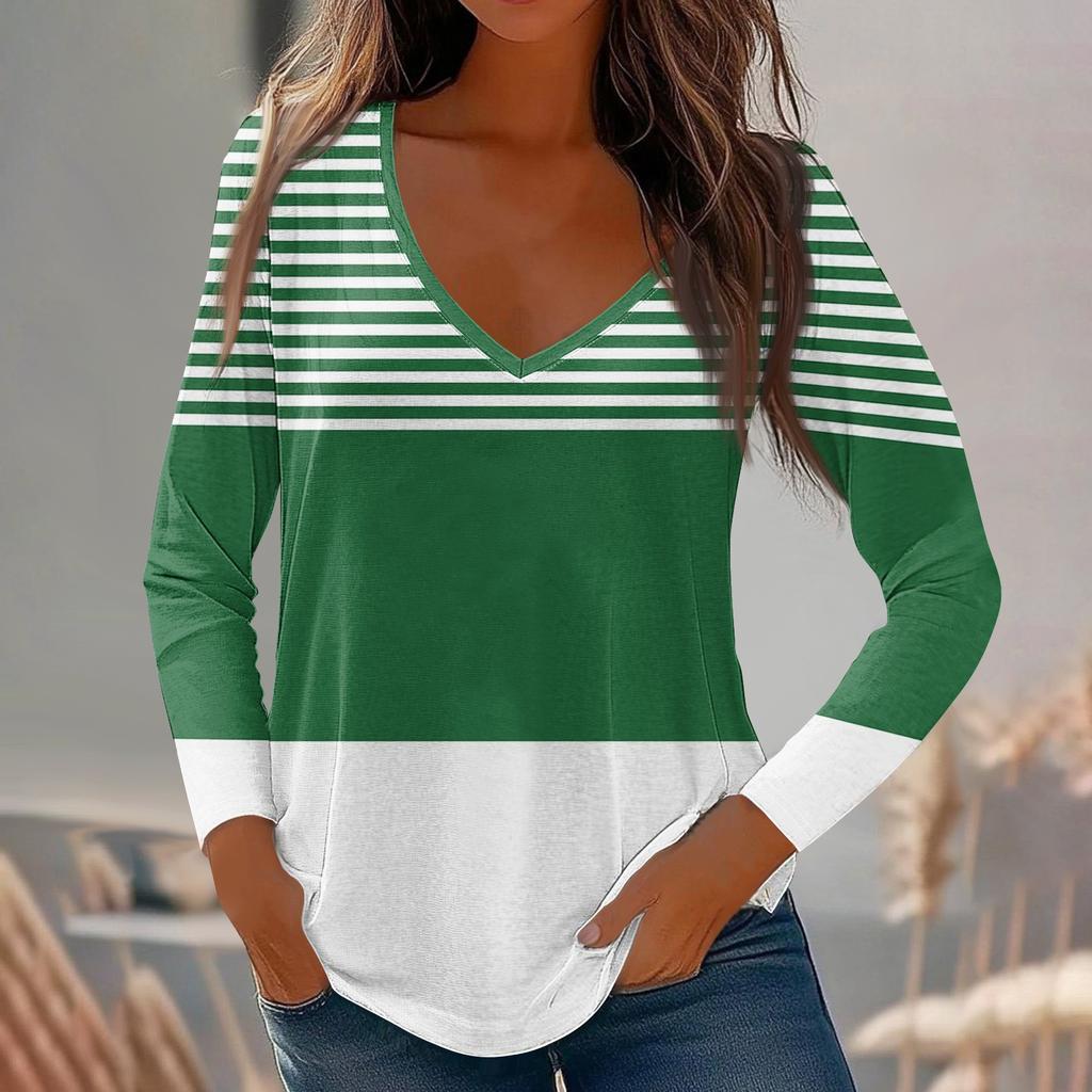 Womens Long Sleeve Tops V Neck Shirts Casual Stripe Print Basic Trendy Tee Blouses Fall Tunic Outfits Fitted T Shirts