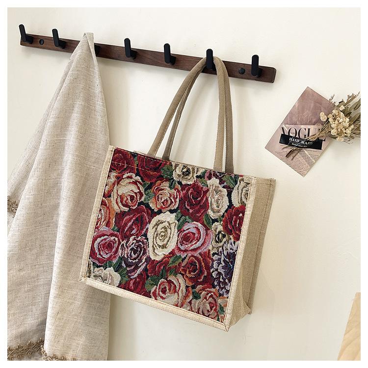 Льняная сумка-тоут большой вместимости 2025 новая цветочная сумка-тоут для поездок на работу, женская студенческая сумка через плечо для занятий