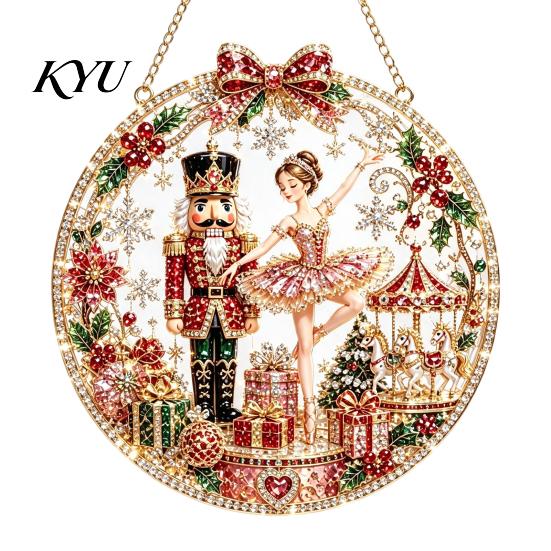 Round Acrylic Base Craft Christmas Faux Diamond Art Ornament Kit, Santa Angel Sun Catcher DIY Claus Crafting Project Board, 3D Bead Kit for