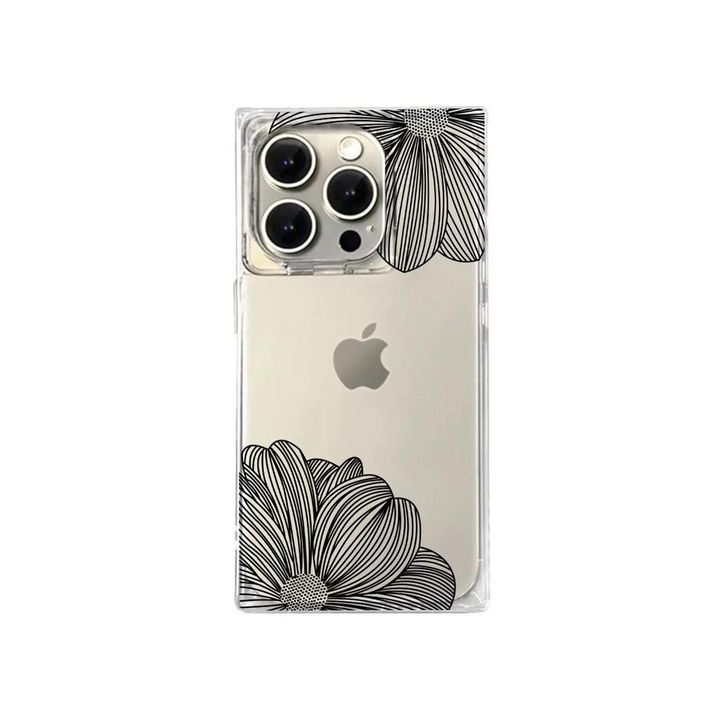 Прозрачный чехол с квадратной задней крышкой для защиты трубки для iPhone 14 Pro Max 11 12 15 Plus 16 ProMax 13, защита от окисления, чехол с лепестками и черными линиями