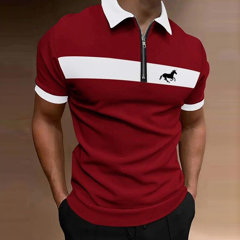 Мужская рубашка-поло на молнии с короткими рукавами, весна-лето, мужская рубашка-поло с лацканами с вышивкой.