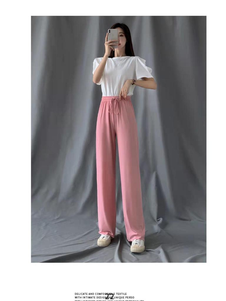 Женские брюки с высокой талией и широкими штанинами из ледяного шелка на весну/лето - Свободные, стройнящие, длиной до пола.