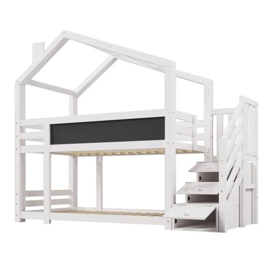 Children Bed Tree House with Storage Stairs, Loft Bed with Higher Safety Handrails, 90x200 Storage Bed Without Mattress, Kids Double-layer