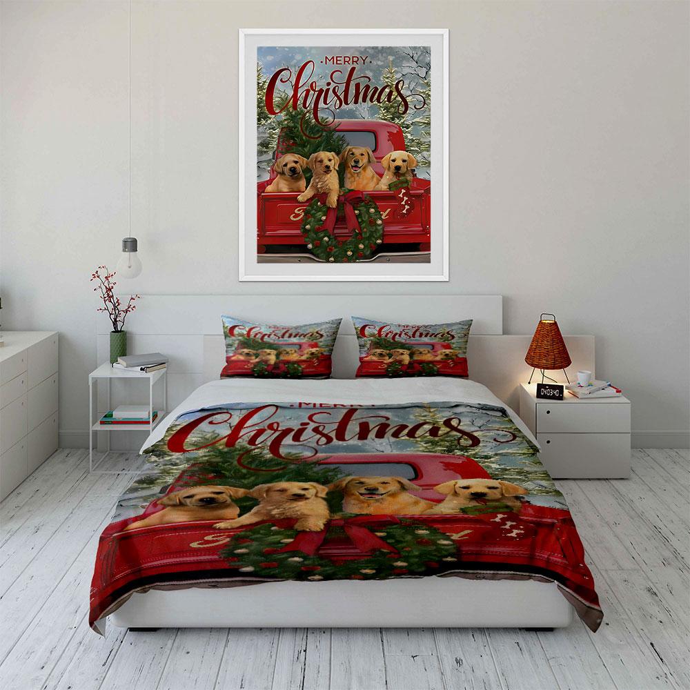Golden dogs, Christmas truck. Bedding sets Duvet cover sets Duvet covers Pillowcases(1 * Duvet Cover 2 * Pillowcases without duvet insert)