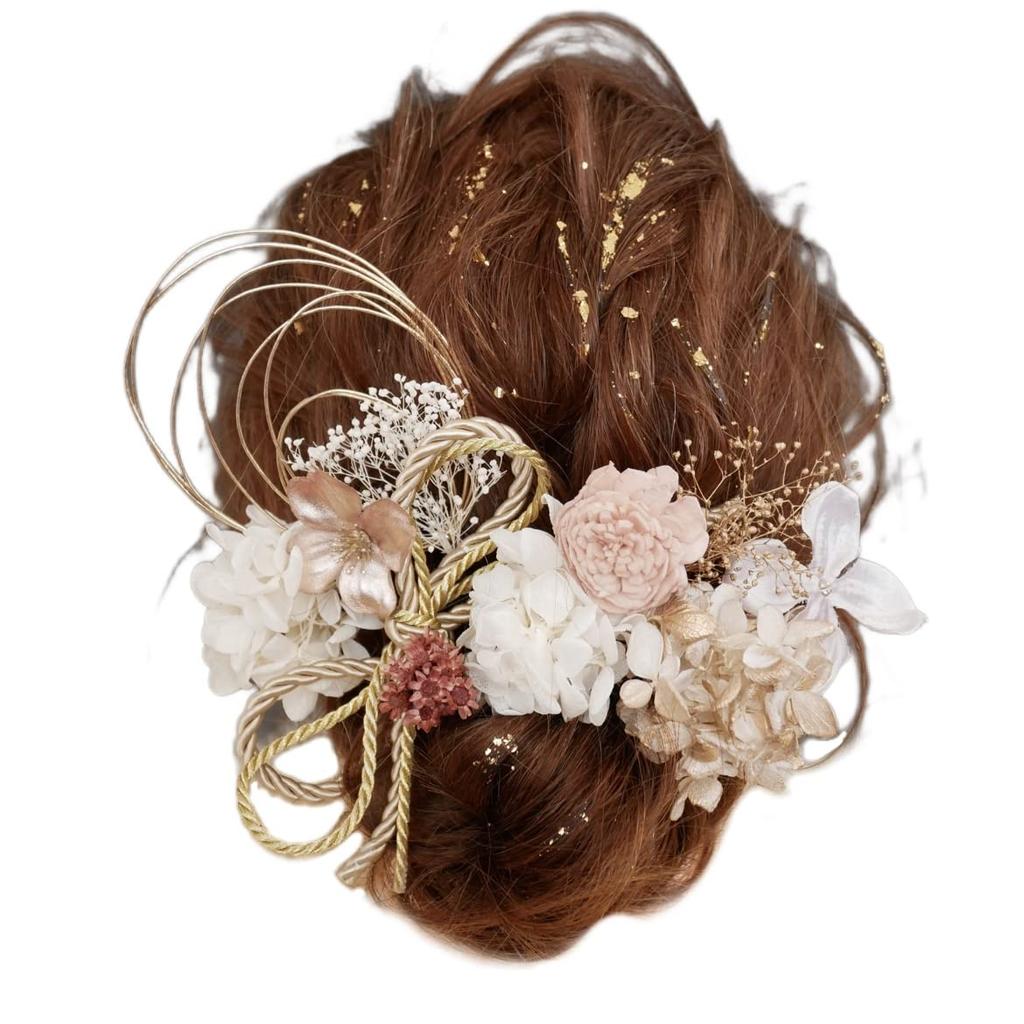 Ornament Specialty Shop Hair Ornament for Dried Flowers with Gold Leaf and Rope Ribbon [Hair Bria] Coming-of-Age Ceremonies, Graduations, Weddings,
