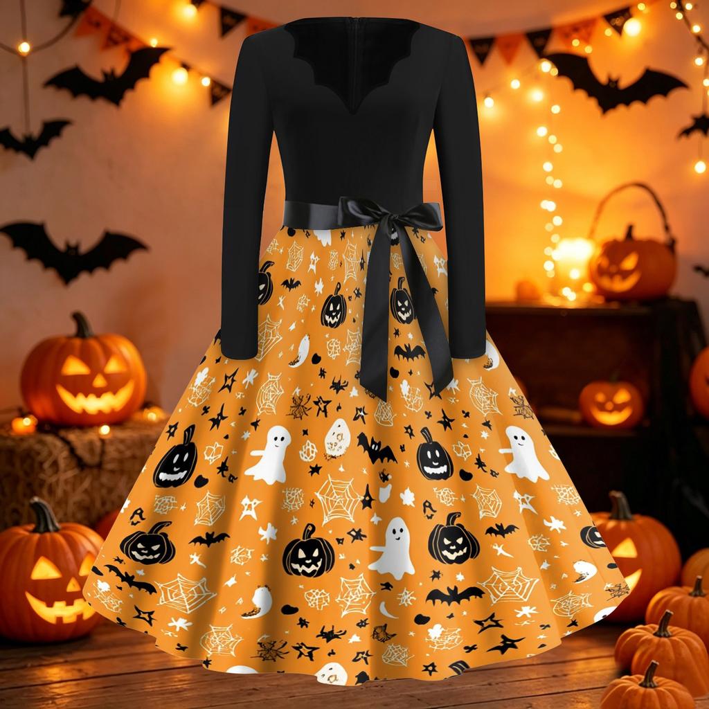 Women's Casual Halloween Print V Neck Vintage Style Dress Long Sleeve Fit and Flare Midi Dress with Waist Tie Belt