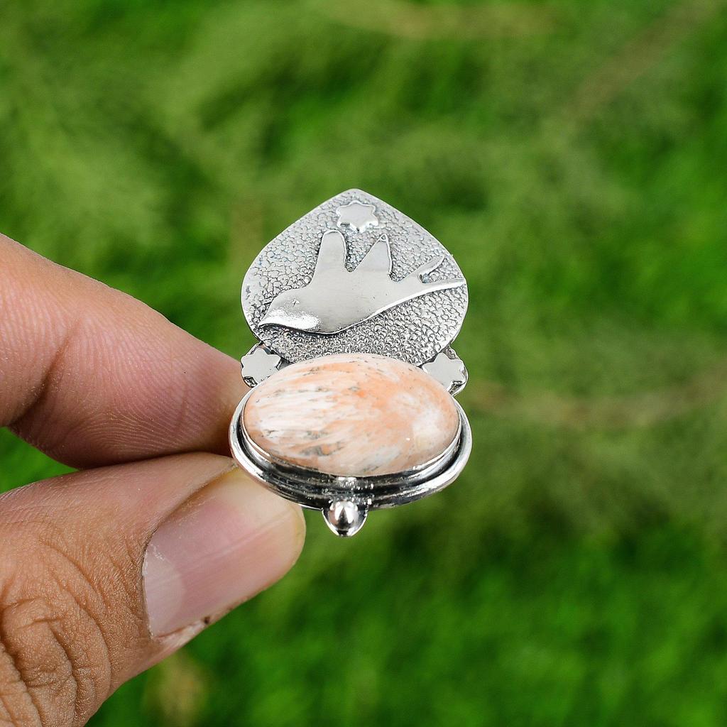 Natural Scolecite Gemstone Stackable Peach Adjustable Ring 925 Sterling Silver