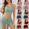Women Summer Two Pieces Sets Pajamas V-neck Suspenders Vest Sleeveless Top Shorts Homewear Ribbed Solid Lace Thin Slim Fit Sexy