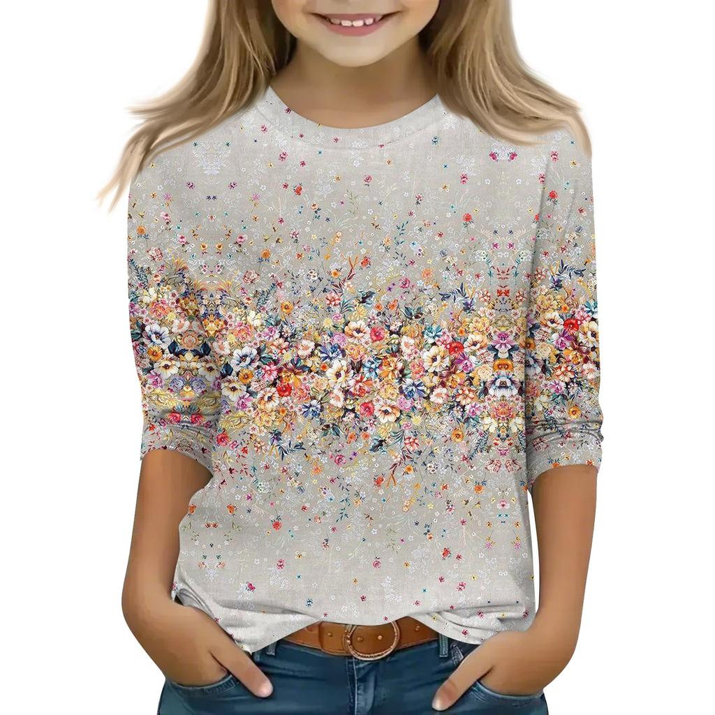 Print Tops For Youth Girls 5-16 Years Round Neck 3/4 Sleeves T-Shirts Trendy Tops Outfit Tees