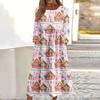 Women's Casual Round Neck Christmas Print Midi Dress Long Sleeve Pocket Dress