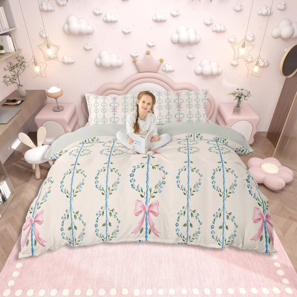 Homewish Pink Ribbon Bow Duvet Cover Set for Girls,Kawaii Princess Cartoon Bedding Set,Cute Stars Print Reversible Bed Set