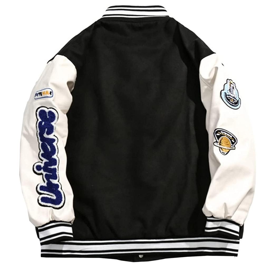 KOSIKINI Varsity Jacket for Men and Loose Cold Plus Size Women, Fit, Embroidered, Weather, Patchwork, Padded, Streetwear, (2XL, Black)