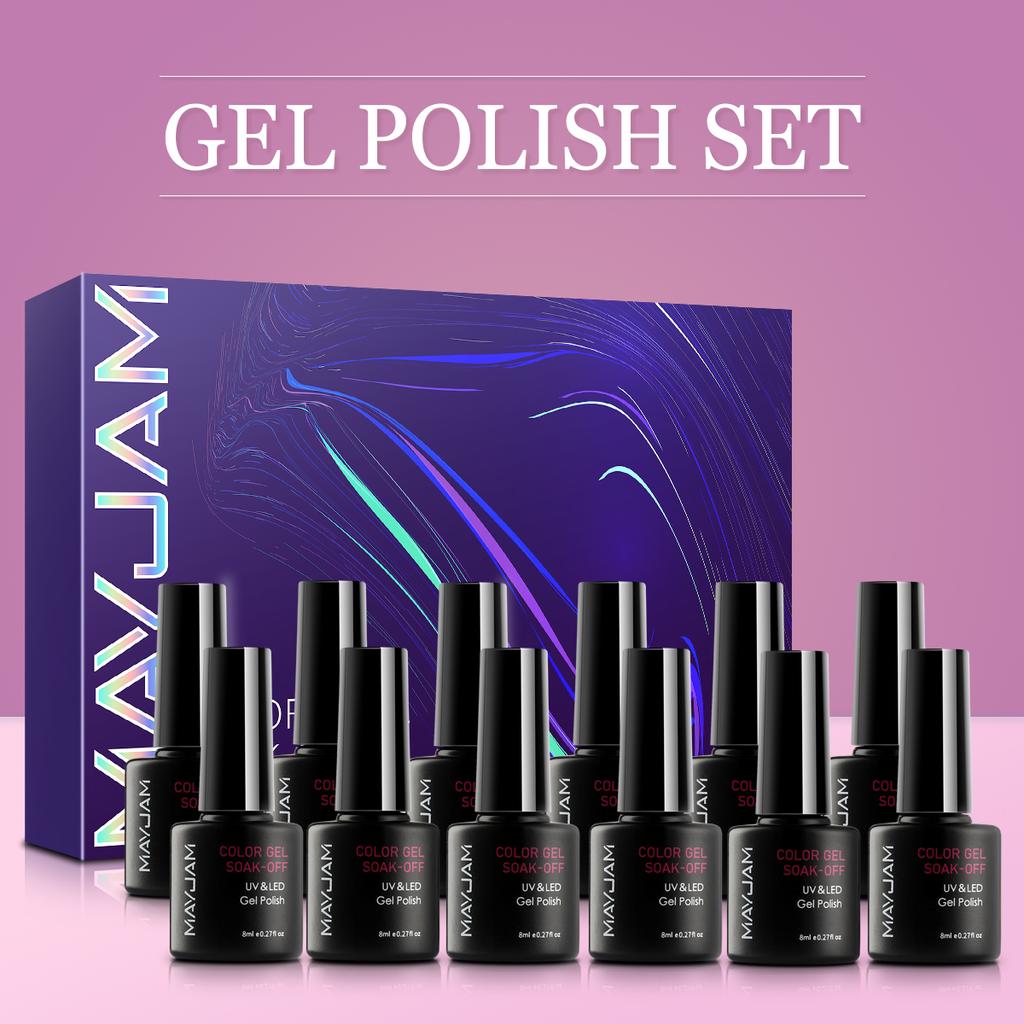 MAYJAM 12Pcs Nail Gel Polish Gift Set 8ML Purple Red Nude Pink Gel Nail Polish Kit Soak Off Nail Gel Glittery Sequins UV Nail Art Gel Varnish