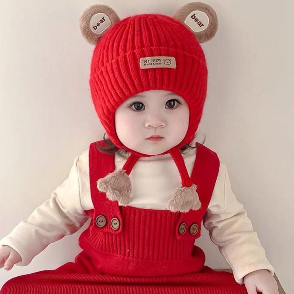 Милый дизайн с мишкой Шапка-бини для малышей Хлопковая подкладка Зимняя теплая вязаная шапка для младенцев Одежда для малышей