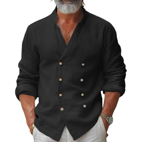 Fall Spring Men Shirt Double-breasted Stand Collar Cardigan Long Sleeves V Neck Loose Mid Length Casual