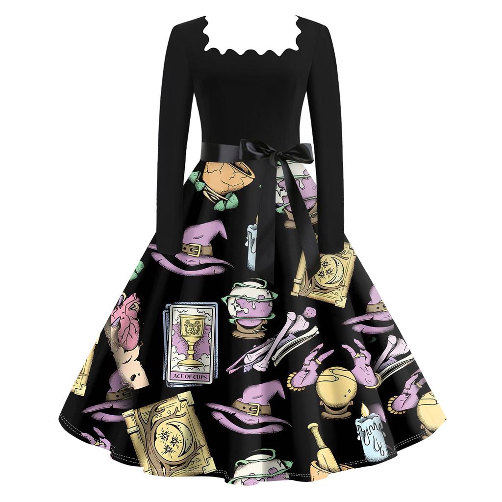Женское повседневное модное винтажное платье с длинным рукавом и принтом на Хэллоуин