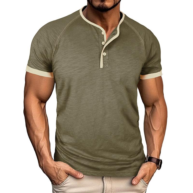Men's Contrast Piping Raglan Henley T Shirt Placket Slub Cotton Short Sleeve Casual Summer Tee