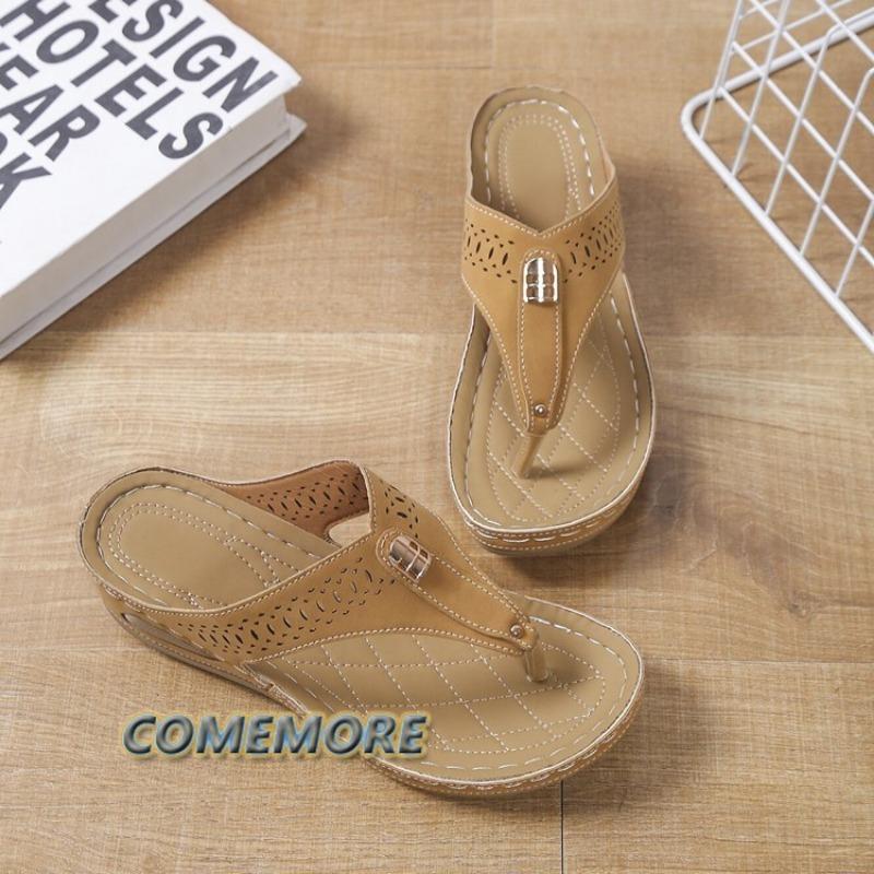 Women's Wedge Flip Flops Solid Color Slip On Summer Sandals Casual Classic Outdoor Beach Shoes Fashion Hollow Out Large Size 43