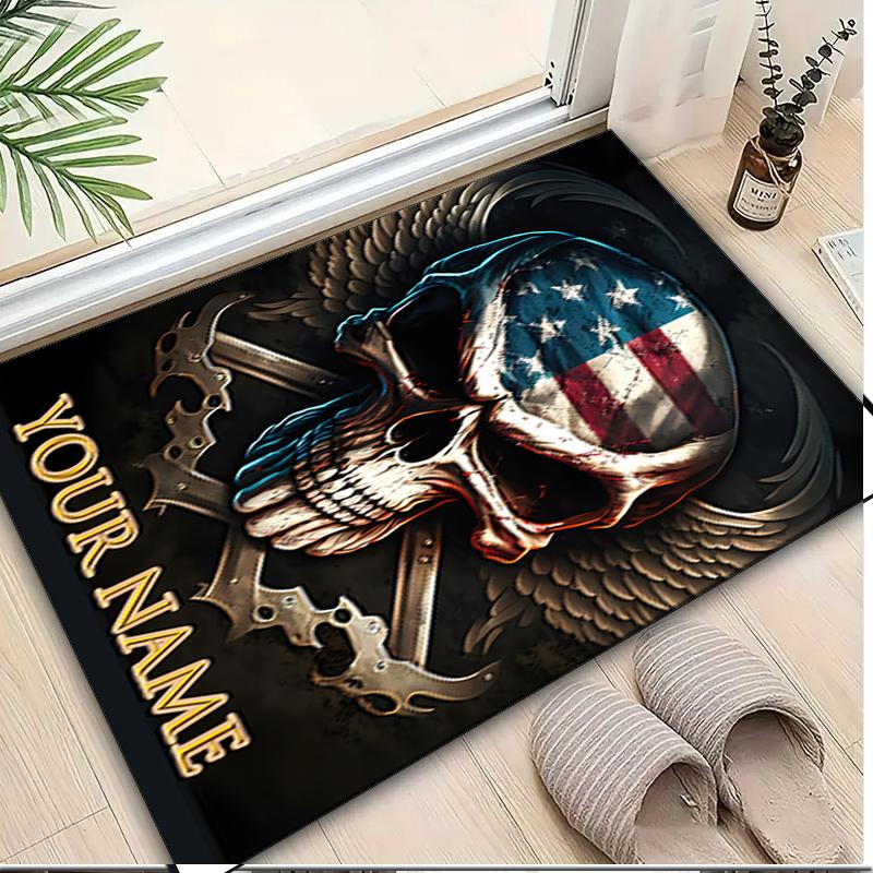 1PC Custom Name American Skull Artwork Theme Floor Mat Ideal for Living Room, Game Rooms, Office, Bedroom, Office Floor Mat , Floor Mats for Home