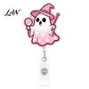 Lightweight Retractable Badge Holder Halloween Ghost Reel, Glitter Acrylic Clip, Cute Pink Smooth Cord Reel ID Name for Women Nurse Teacher