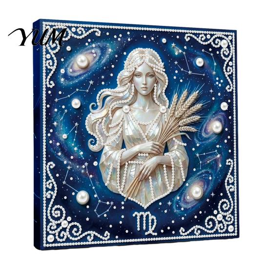 Faux Pearl Painting Decor DIY Kit, 12 Zodiac Signs Rhinestone Art Set for 3D Kit Adults Beginners, Handmade Wooden Frame Fake Wall Decoration