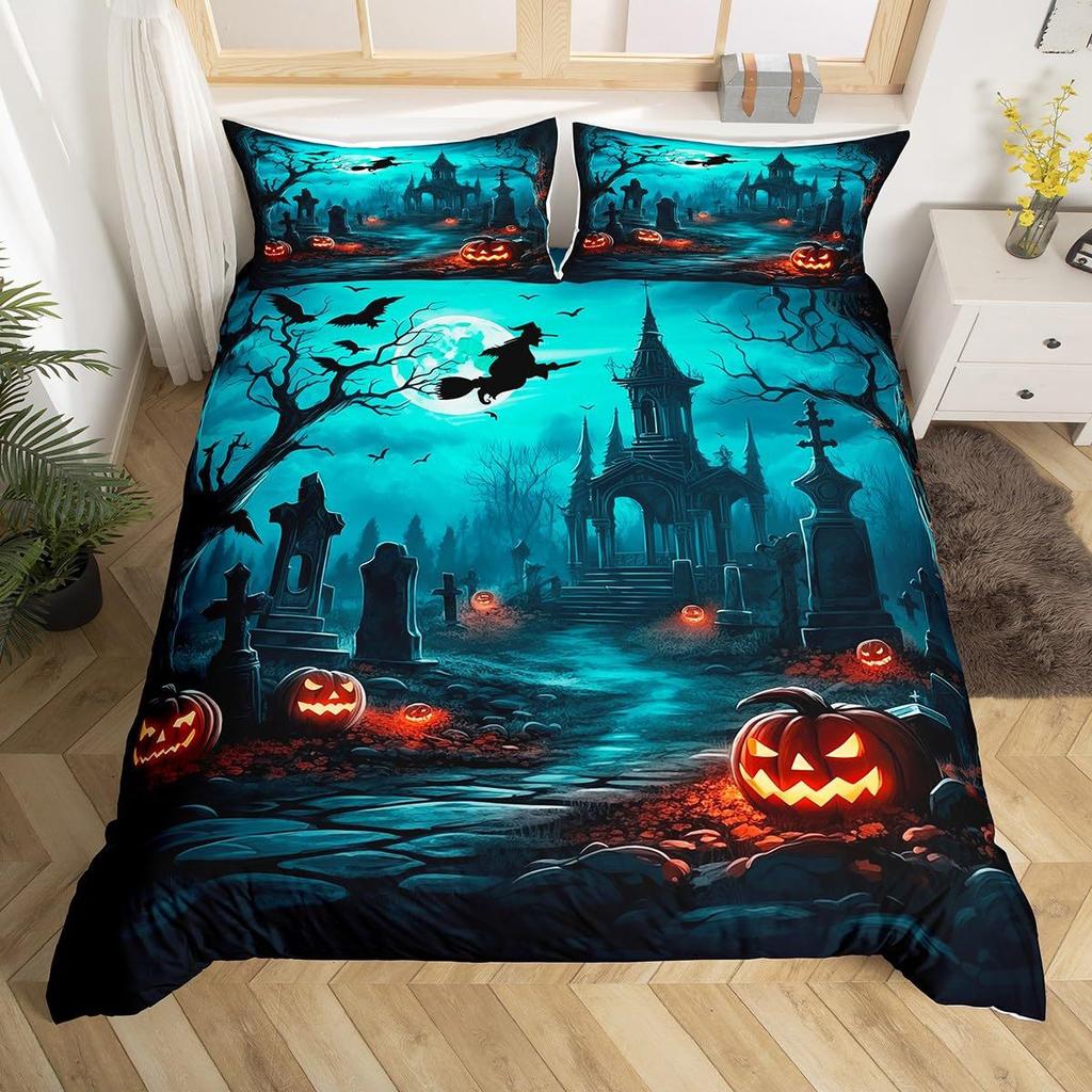 Three-Piece Quilt Cover Horror Pumpkin Goth Halloween Digital Print Sheets Bedding Home Textiles