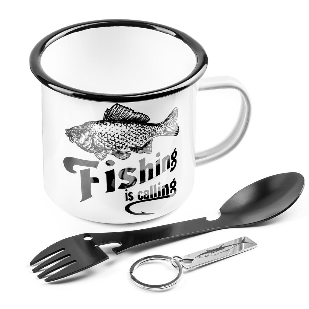 Gift set for a fisherman - enamel mug, multi-tool and keychain