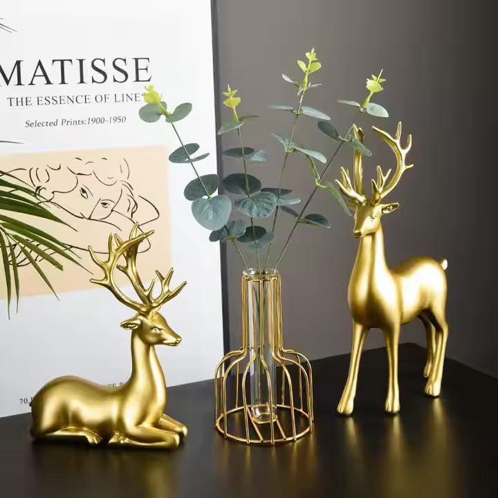 Gold Deer Figurine Set – Elegant Reindeer Sculptures for Home Décor – Modern Nordic Style Ornament for Living Room, Shelf, or Holiday Display