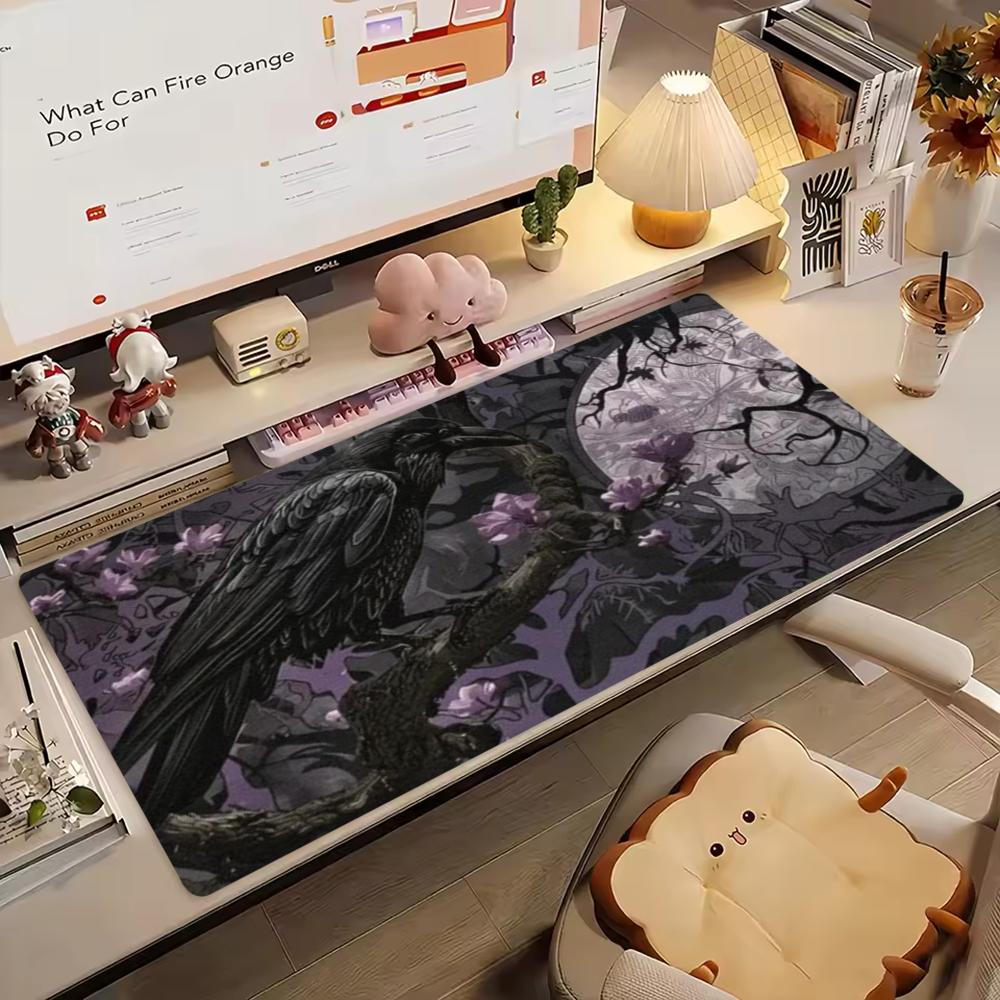 Dark Gothic Raven Skull Extended Gaming Mouse Pad Non Slip Desk Surface Mystic Night Horror Skeleton Print For Gaming And Office