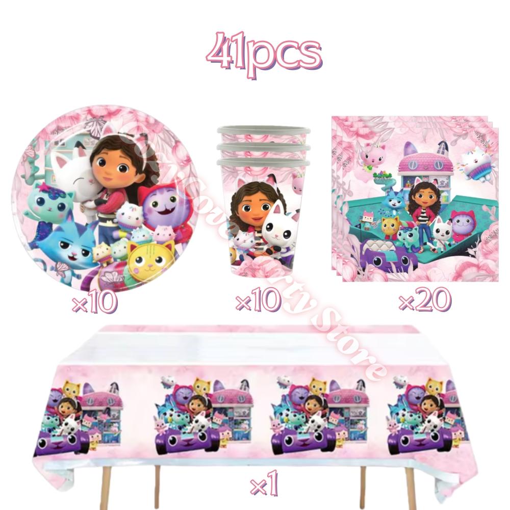 Gabby Dollhouse Birthday Party Decoration Gabby Tableware Bracelets Stikers Cake Topper Balloons For Kids Party Gift Photo Booth