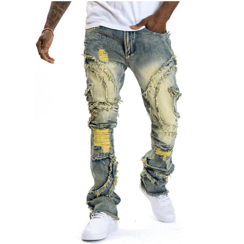 ZYLLO Men Ripped Stacked Jeans Distressed Slim Fit Skinny Straight Leg Jeans Fashion Hip Hop Denim Pants Casual Streetwear