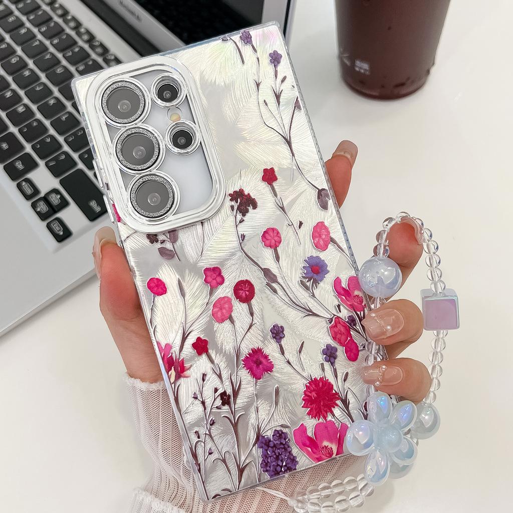 Samsung S25 Ultra Mobile Phone Case Laser Texture Flower and Grass Lens Film S24FE Bracelet A56 Electroplated Hard Shell