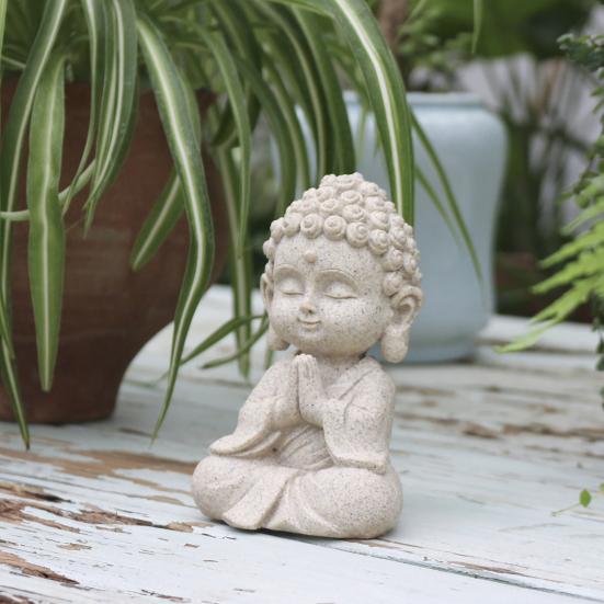 Mini Faux Sandstone Buddha Statue Small Zen Monk Praying Sculpture