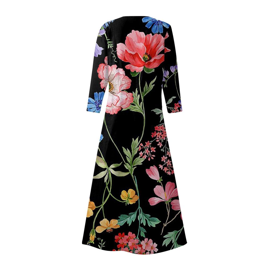 Женское модное повседневное свободное карманное платье с круглым вырезом и рукавами 3/4