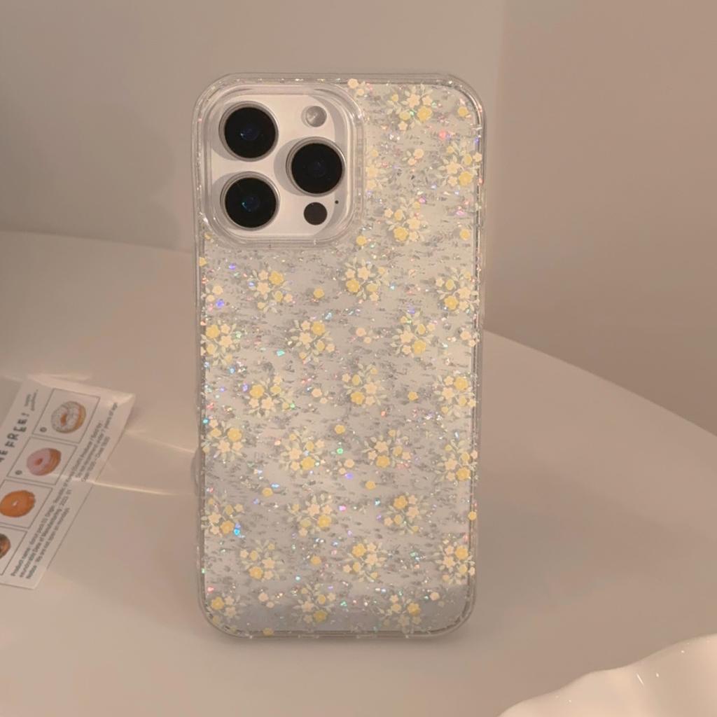 Warm yellow floral case suitable for Apple 16 Pro Max, fresh and beautiful for iPhone 14, glittery and transparent for iPhone 11
