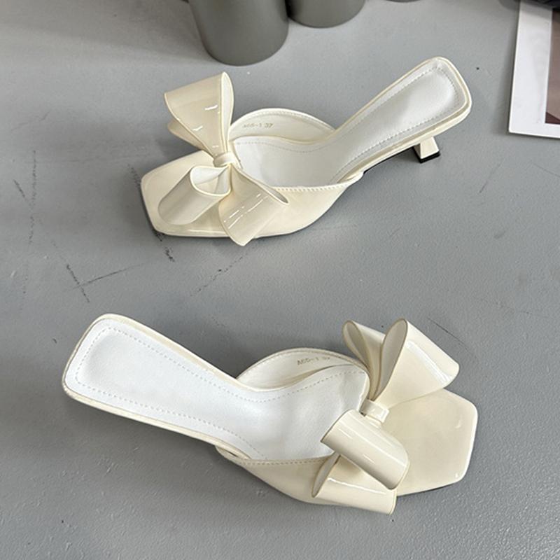 Fashion Patent Leather Butterfly Knot Women Slippers Square Toe Summer Sandals Low Thin Heels Mules Slides Shoes Size 39
