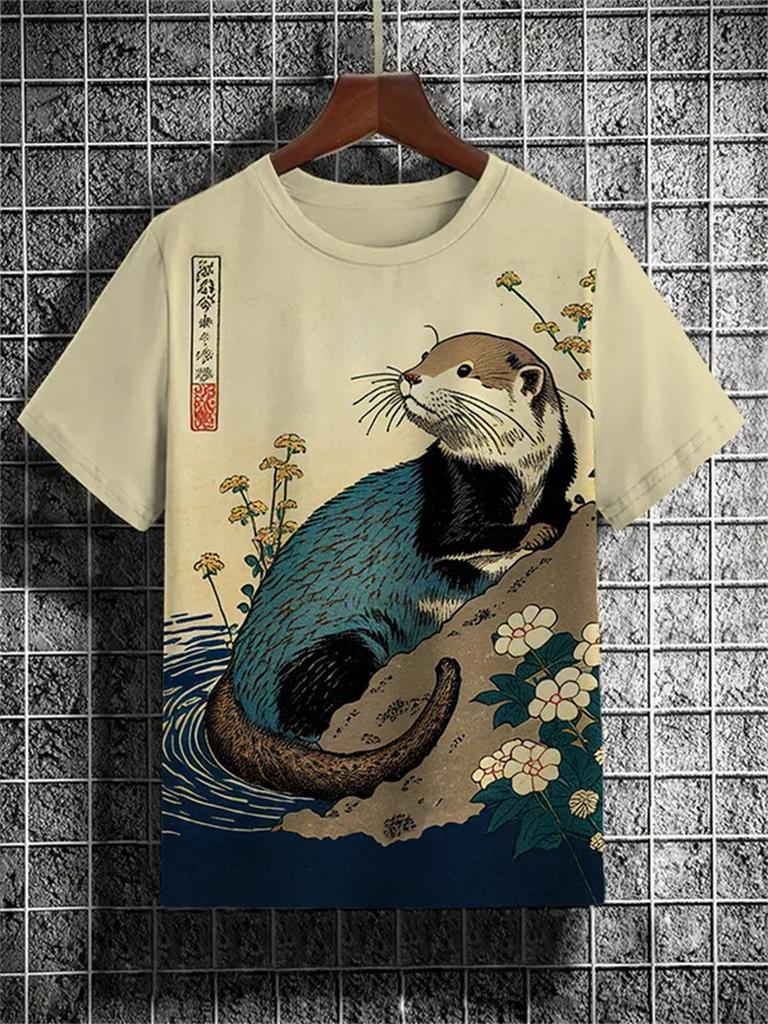 Japanese Cat Pattern T-Shirt For Men Warrior Animal 3D Print Tee Shirts Summer Casual O-Neck Short Sleeve Tees Street Loose Tops