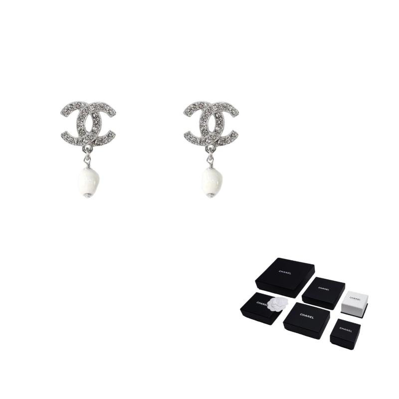 CHANEL Classic Double C Design Earrings Women's White/Silver