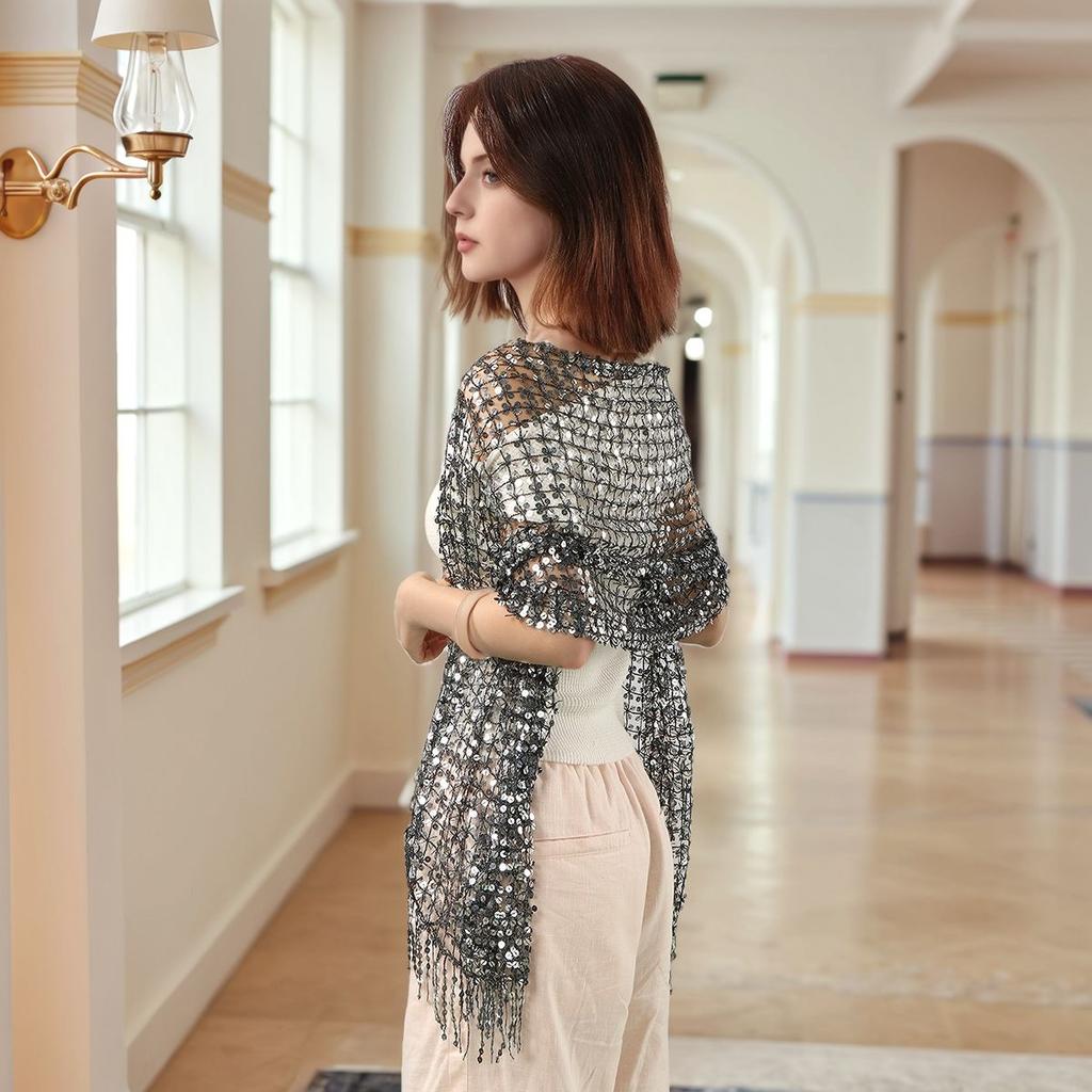 Винтажный золотой блестящий шарф с бахромой, вечерняя шаль, женский роскошный головной платок, декоративные накидки с пайетками, бахрома, для невесты, подружки невесты, свадебная накидка