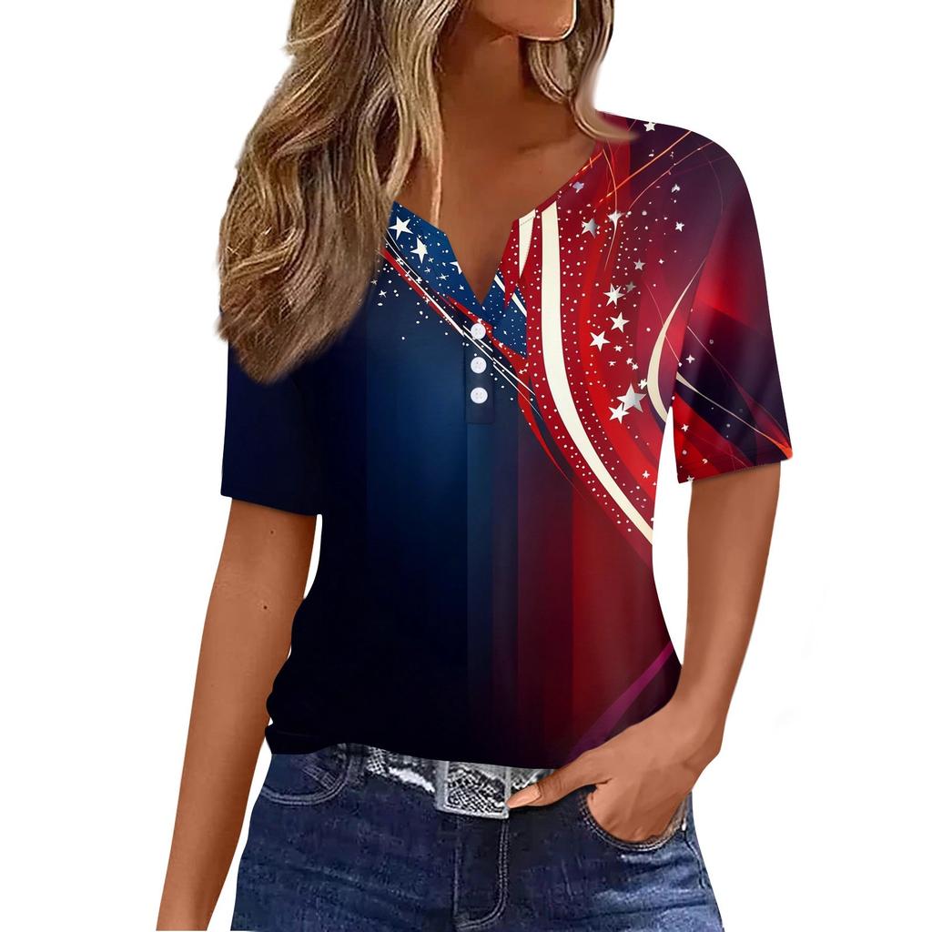Women's T Shirt Independence Day Print Button Short Sleeve Daily Weekend Fashion Basic V- Neck Regular Top