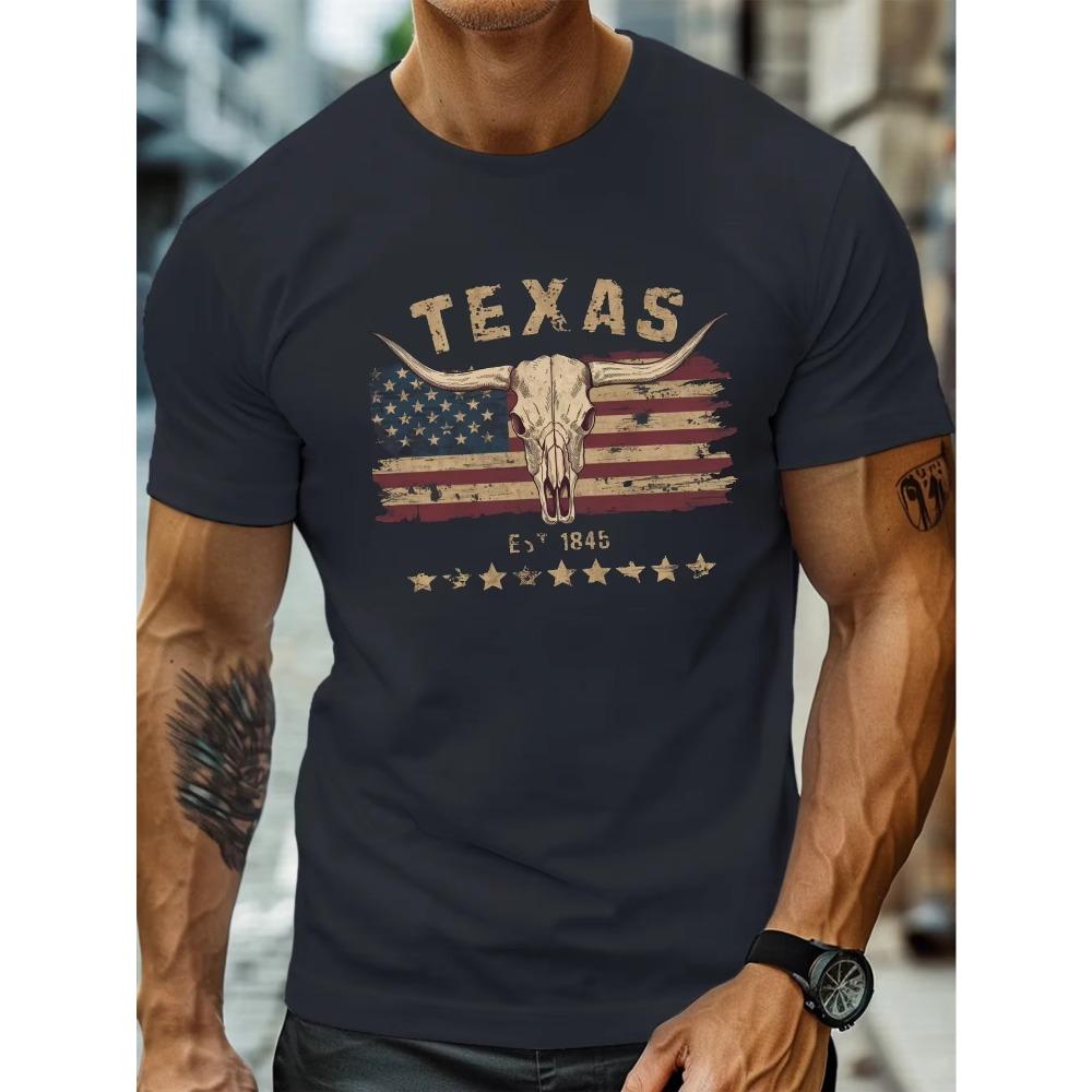 Men's Summer 100 Pure Cotton Fashionable Casual Loose Texas Longhorn Cow Skull Pattern Printed Round Neck Short Sleeved T-shirt