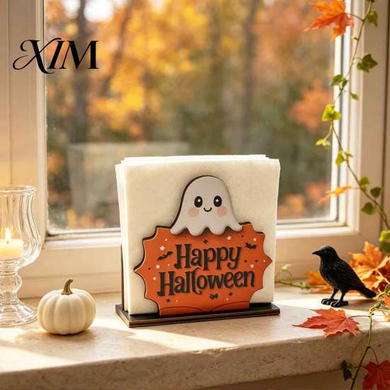 Unique Holiday Kitchen Decor Happy Halloween Wooden Napkin Holder, Cute Ghost Pumpkin Black Cat Tissue Rustic Wood Dispenser Paper Dispenser, Vertical