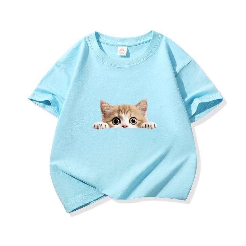 Kids Cotton T Shirt Peeking Orange Kitten Cat Print Crew Neck Short Sleeve Tee Casual Breathable Boys Girls Summer Tops