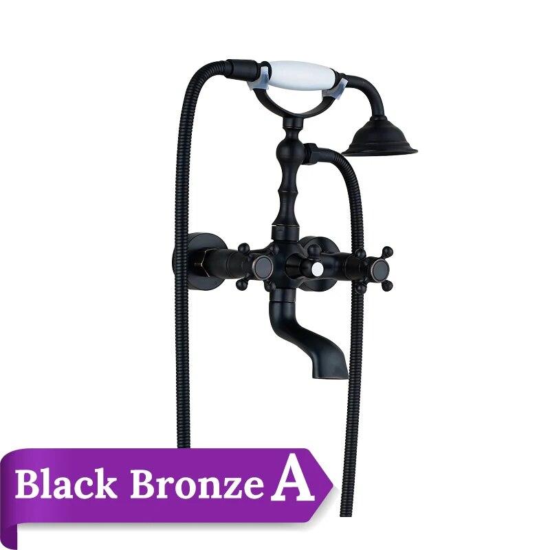 Латунный смеситель для душа в стиле ретро, ​​набор смесителей для душа с двумя ручками, настенный смеситель для ванны с ручным душем и поворотным изливом для ванны