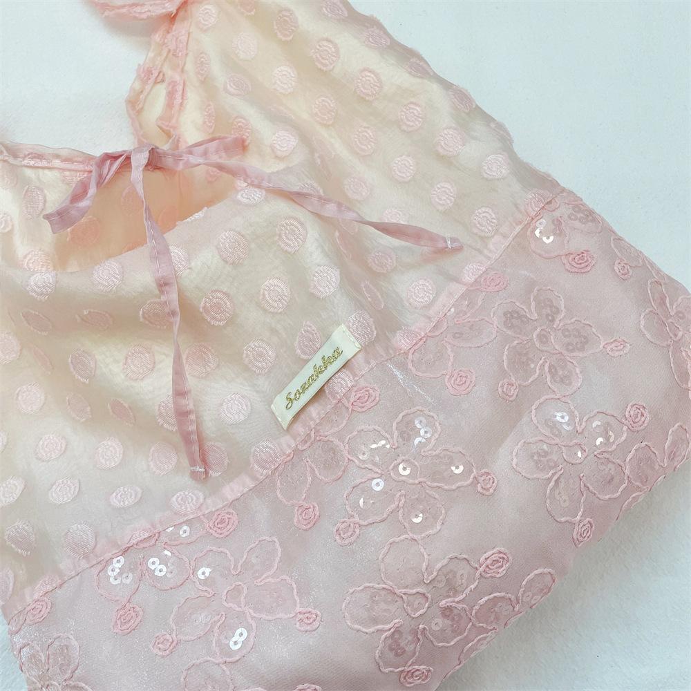Korean Style Polka Dot Organza Bow Tote Bag Sequin Large Capacity Fairy Shoulder Bag Commuter Bag