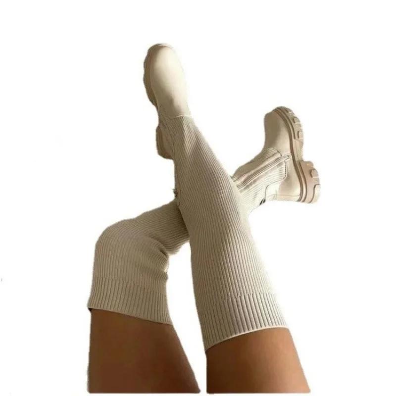 Модная женская обувь 2024 года, брендовые женские сапоги выше колена, вязаные современные сапоги, женские с круглым носком, на среднем каблуке, с боковой молнией, большие размеры, женская обувь