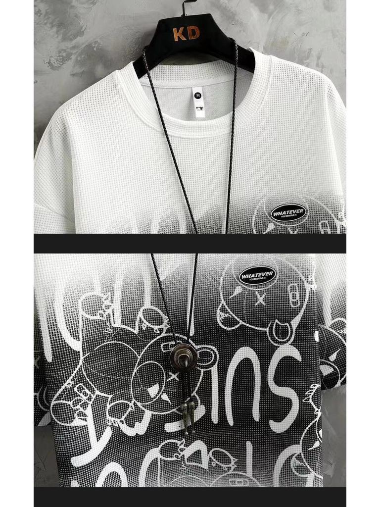 Мужской летний вафельный костюм из ледяного шелка, состоящий из двух частей, в стиле кэжуал - футболка с коротким рукавом и шорты