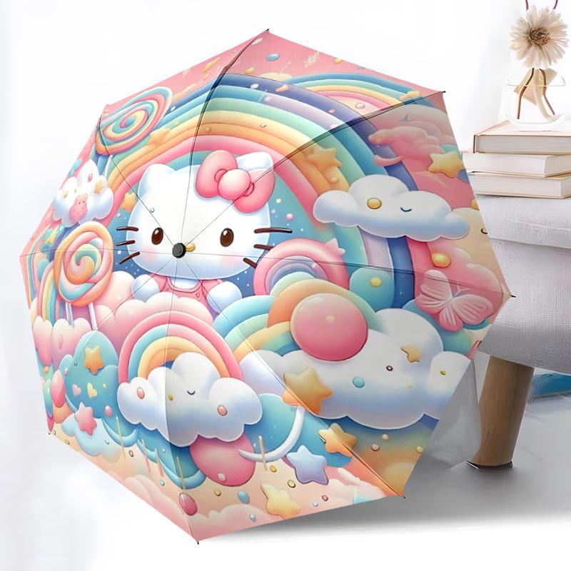 1pc Hello Kitty Clouds Automatic Opening Folding Umbrella - Portable 3-Fold Design with Iron Frame, Perfect for Outdoor Use, Festive Gifts, Fans, Trav