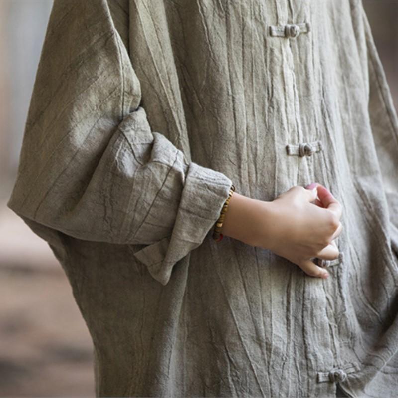 Johnature Женские рубашки рами в китайском стиле с длинными рукавами и осенними блузками, однотонные свободные винтажные женские рубашки